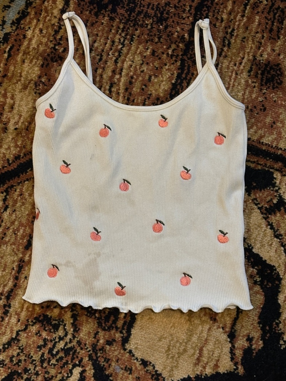 White Ribbed Peach Embroidered Crop Tank Top